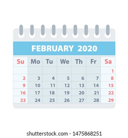 Callendar for February 2020 in flat style for design on white, stock vector illustration