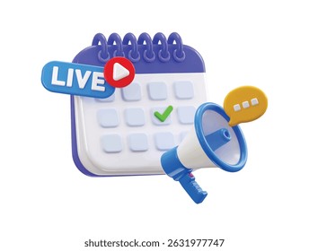 Callender with megaphone icon right marked on live event date 3d render concept of emergency planner icon vector illustration