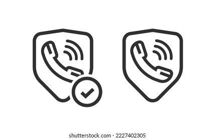 Caller id secure shield for call scam spam robocall protection on phone cellphone technology graphic line outline art pictogram, block phishing telephone numbers logo, antispam guard service image