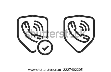 Caller id secure shield for call scam spam robocall protection on phone cellphone technology graphic line outline art pictogram, block phishing telephone numbers logo, antispam guard service image