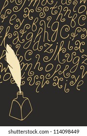 Calligrafic letters, ink, feather on black background