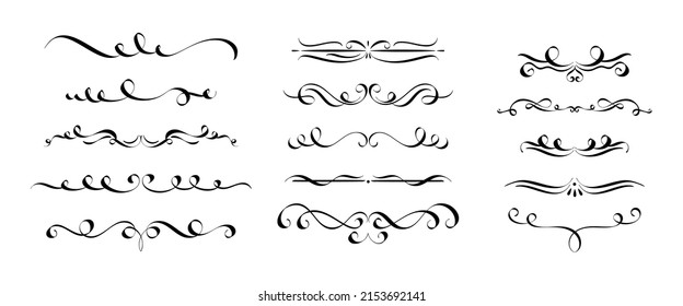 Calligraph dividers. Elegant vintage flourishes, text delimiters decoration and hand drawn ornament dividers vector set. Luxury borders for invitation, certificate or greeting card