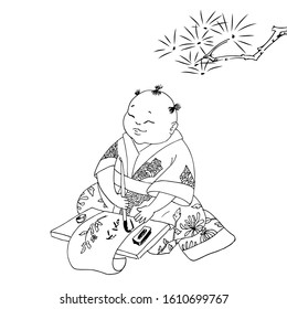 calligrapher an artist makes a calligraphic inscription. China. Pastiche. Vector