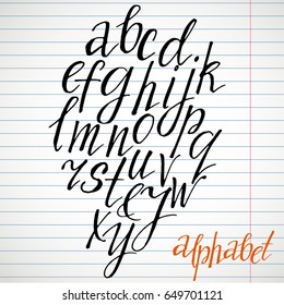 Calligraphic abc. Handwritten alphabet in brush style. Modern script in vector. Handmade thin letters.