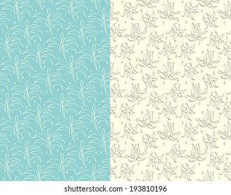 Calligraphic abstract seamless pattern floral motif background. Colorful shapes of leaves, flowers, plant parts composition