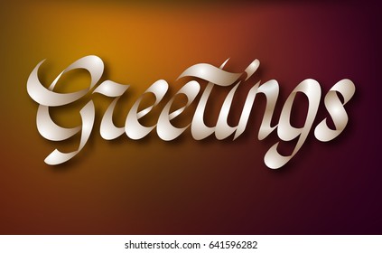 Calligraphic abstract word template with elegant Greetings ribbon inscription on blurred background isolated vector illustration