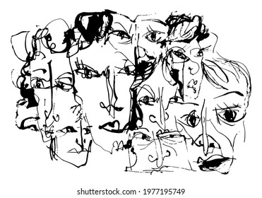Calligraphic abstraction, portraits. Colored vector illustration. It could be used in social networks, articles, publications, postcards, print media, posters, supermarkets, boutiques, websites.