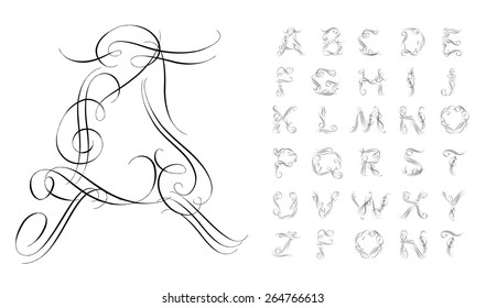  Calligraphic alphabet. Design elements can be used for invitation, congratulation. Digital illustration