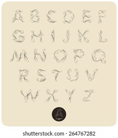  Calligraphic alphabet. Design elements can be used for invitation, congratulation. Digital illustration