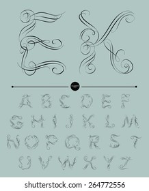  Calligraphic alphabet. Design elements can be used for invitation, congratulation. Digital illustration