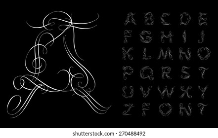  Calligraphic alphabet. Design elements can be used for invitation, congratulation. Digital illustration