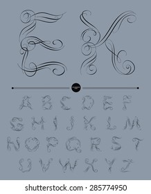  Calligraphic alphabet. Design elements can be used for invitation, congratulation. Digital illustration