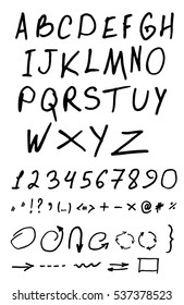 Calligraphic alphabet. Vector letters and numbers. Hand drawn typeface. Font illustration. alphabet and number
