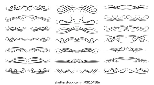 Calligraphic black and elegant swirl dividers collection. Set of curls and scrolls for wall and page decoration, greeting cards and tattoos. Vector calligraphic design border elements illustration.