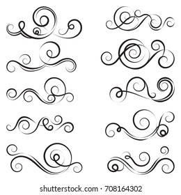 Calligraphic black and elegant swirls collection. Set of curls and scrolls for wall decoration, page decoration, greeting cards and tattoos. Vector calligraphic design elements illustration. 