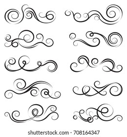 Calligraphic black and elegant swirls collection. Set of curls and scrolls for wall decoration, page decoration, greeting cards and tattoos. Vector calligraphic design elements illustration. 