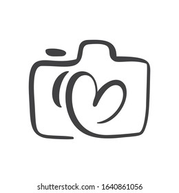 Calligraphic brush camera with heart graphic design concept, logo vector set. Valentine card graphic photo icon.