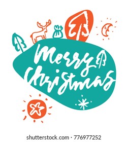 Calligraphic brush inscription merry Christmas with Christmas tree. Month and sparkling star. For seasons greetings and winter Sale seasons. For greeting card or poster. Vector illustration. Eps 10