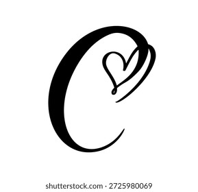 Letra caligráfica C entrelazada, Vector formando un corazón en la parte superior. Representar el amor, la unión y la asociación en un diseño elegante