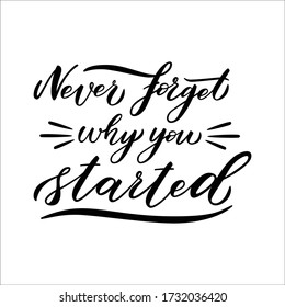 Calligraphic card with motivational text "Never forget why you started." Brush writing
