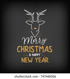 Calligraphic Christmas Greeting Card Design Element with Modern Minimal Reindeer with Sparkles 