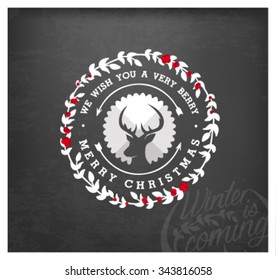 Calligraphic Christmas Greeting Design Element with Reindeer in Vintage Style