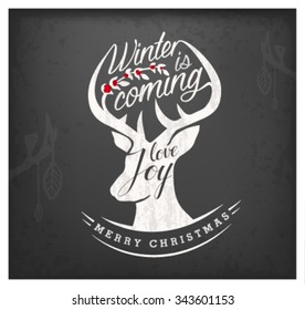 Calligraphic Christmas Greeting Design Elements with Reindeer in Vintage Style on Chalkboard