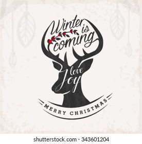 Calligraphic Christmas Greeting Design Elements with Reindeer in Vintage Style
