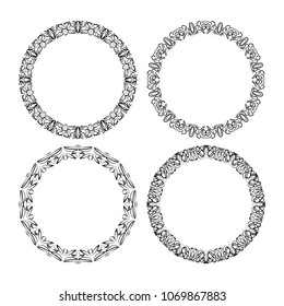 Calligraphic circle lace patterns, filigree round frame in monochrome design. Embroidery template. Delicate finegeometric patterns.