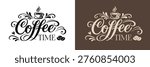 Calligraphic coffee time typography with steaming cup roasted beans and ornate flourishes for cafe branding