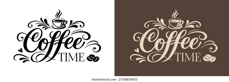 Calligraphic coffee time typography with steaming cup roasted beans and ornate flourishes for cafe branding