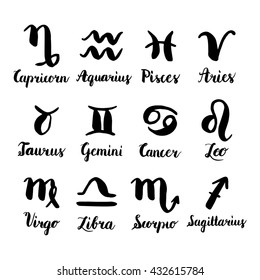 Calligraphic collection of zodiac signs.Hand drawn with ink brush. Vector illustration.