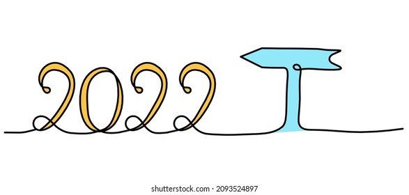Calligraphic color inscription of year "2022" direction arrow as continuous line drawing on white background. Vector