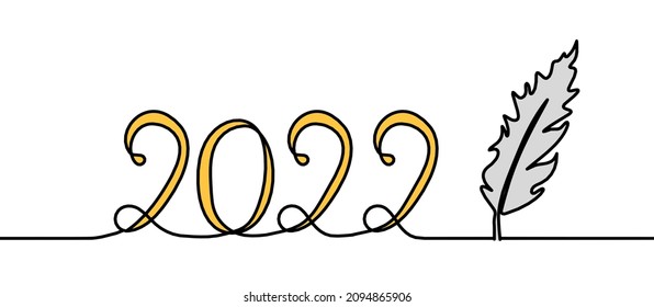 Calligraphic color inscription of year "2022" with feather as continuous line drawing on white background. Vector
