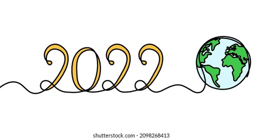 Calligraphic color inscription of year "2022" with globe as continuous line drawing on white background. Vector
