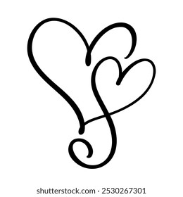 Calligraphic composition of duo hearts drawn in one line. Vector calligraphy.