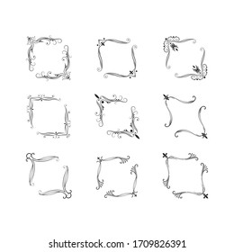 Calligraphic corner frames set. Antique elegant borders. Vector isolated classic wedding invitation card decor elements.