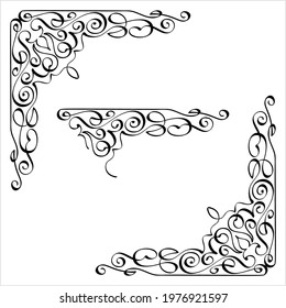 Calligraphic Corner Ink Pen Style, Ornamental Frame Border Corner Vector Art Illustration