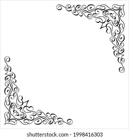 Calligraphic Corner Ink Pen Style, Ornamental Frame Border Corner Vector Art Illustration