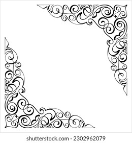 Calligraphic Corner Ink Pen Style, Ornamental Frame Border Corner Vector Art Illustration