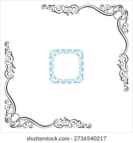 Calligraphic Corner Ink Pen Style, Ornamental Frame Border Corner Vector Art Illustration