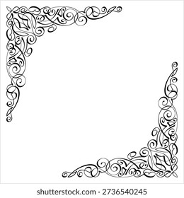 Calligraphic Corner Ink Pen Style, Ornamental Frame Border Corner Vector Art Illustration