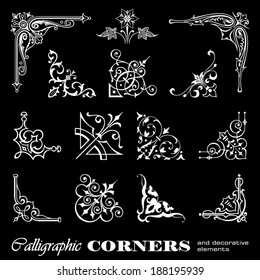 Calligraphic corners and decorative elements isolated on black background