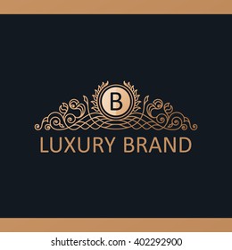 Calligraphic crest Luxury line logo template. Flourishes calligraphy elegant emblem. Royal logotype design. Gold decor for card invitation label, Restaurant, Cafe, Hotel. Vintage vector line symbol