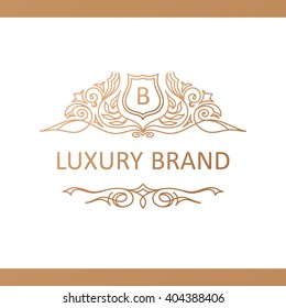 Calligraphic crest Luxury line logo template. Flourishes calligraphy elegant emblem. Royal design. Gold logotype decor for card invitation label, Restaurant, Cafe, Hotel. Vintage vector line symbol