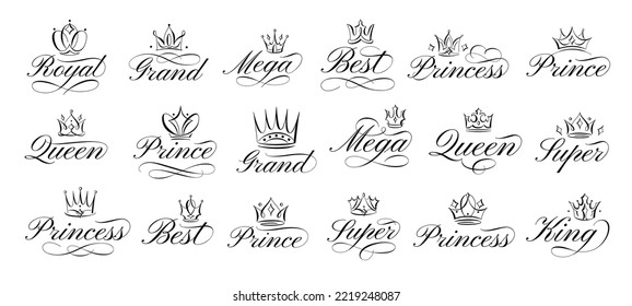 Calligraphic crowns. Hand drawn royal queen tiara, majestic king crown and elegant flourish coronet vector set of typography sketch calligraphic element