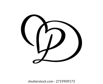 Calligraphic D letter intertwined, vector forming a heart at the top. Representing love, union, and partnership in a stylish design