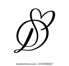 Letra caligráfica D entrelaçada, vetor formando um coração no topo. Representando amor, união e parceria em um design elegante