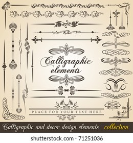 Calligraphic and decor design elements. Vector design corners, bars, swirls, frames and borders. Hand written retro feather symbols.