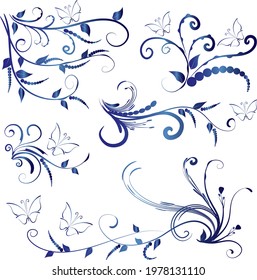 Calligraphic decorative elements with lines and butterfly design set